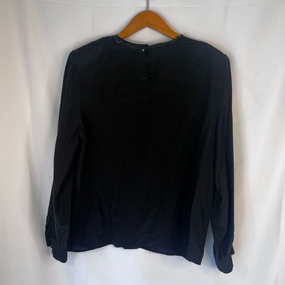 Tess Paris Milano Black Sequin Trim 100% Silk Vintage Blouse Size 14/LG - Picture 2 of 9